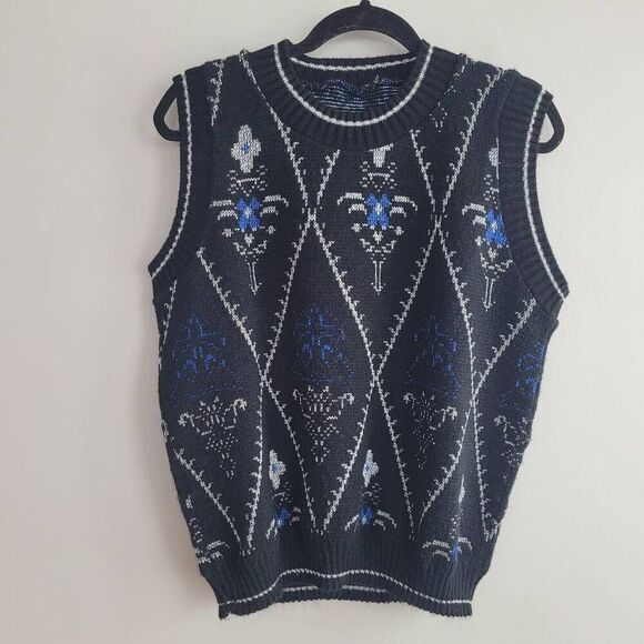 Vintage 80s sparkly geometric print sleeveless sweater vest black blue silver - Picture 1 of 9